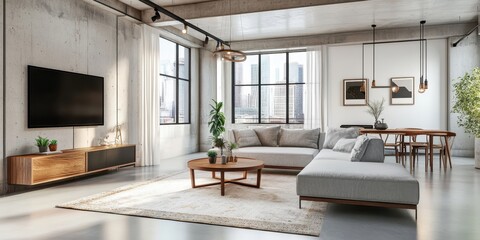 Modern open concept living room, industrial loft apartment, exposed concrete ceiling, large windows, natural light, wooden floors, gray sectional sofa, wooden coffee table, minimalist TV unit, indoor 