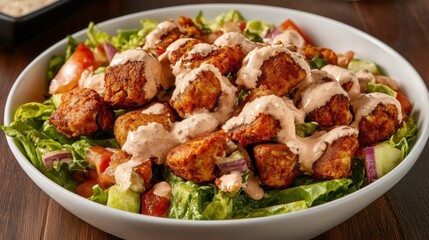 Fototapeta premium Crispy chicken salad with creamy dressing in a bowl on wooden table