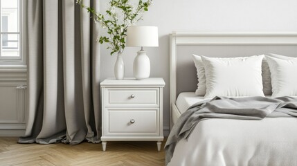 Elegant bedroom interior with white nightstand, gray bedding, and curtains.