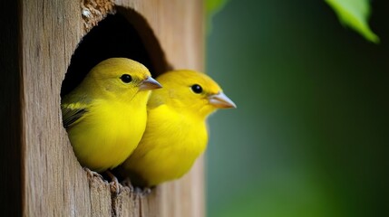 Homes for Birds Week Vibrant yellow birds resting in wooden nest box in serene natural setting