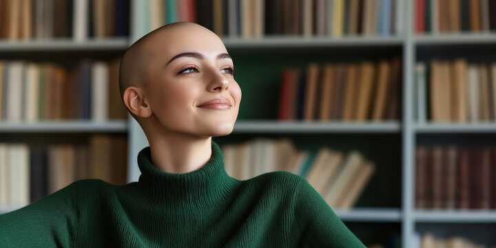 Bald woman in green turtleneck at library. Cancer awareness campaign