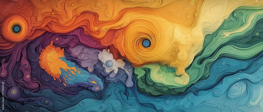 Poster detailed topographical rainfall pattern map with dynamic fluid simulations and vibrant color palette