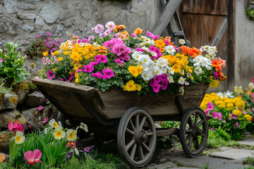 A wheelbarrow turned into a planter, overflowing with spring blooms in vibrant colors