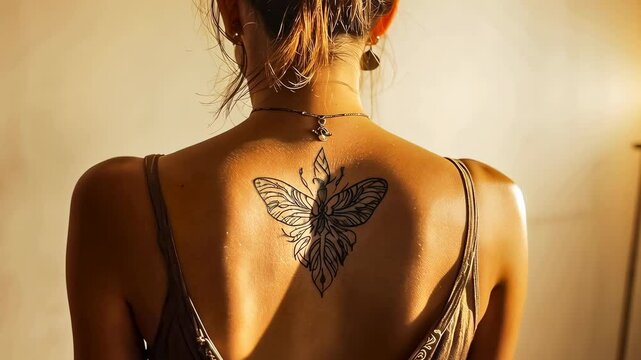 A young Asian woman stands with her back to the camera, revealing a detailed butterfly tattoo on her shoulder. The warm, soft lighting enhances her relaxed mood, emphasizing the tattoo's intricate