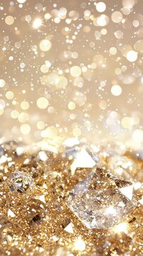   A dazzling diamond atop a mound of shimmering gold and silver glimmers against a light tawny backdrop