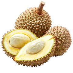 Obraz premium Fresh durian fruit against a clean transparent background showcasing its unique spiky exterior and creamy flesh, durian peels isolated on transparent background
