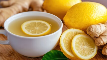 Refreshing ginger lemon tea with fresh lemon slices and ginger root on wooden table