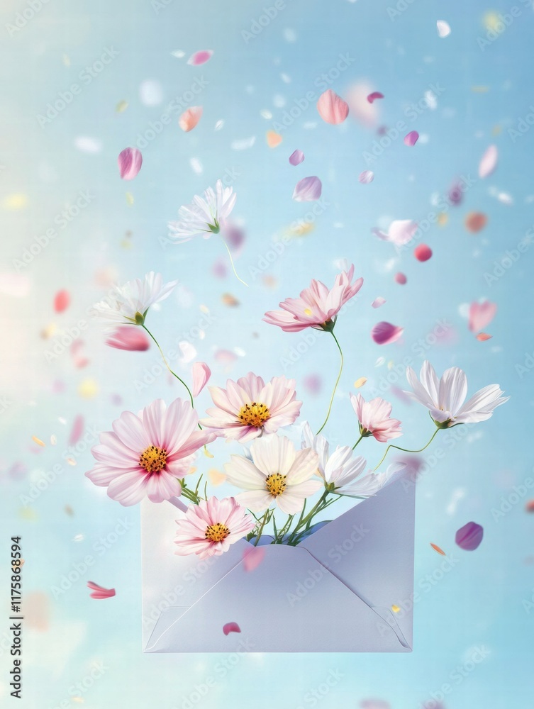 Poster colorful flowers emerge from an envelope with petals floating in a bright blue sky. generative ai