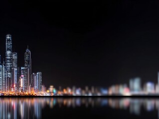Obraz premium Night Cityscape Photo: Stunning Wide Shot of Glowing Skyscrapers Reflecting on Calm Waters. AI Generated