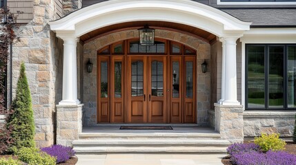 Fototapeta premium grand entrance, ornate double doors, arched doorway, stone facade, symmetrical design, potted purple flowers, manicured landscaping, residential architecture, elegant home exterior, warm lighting, wel