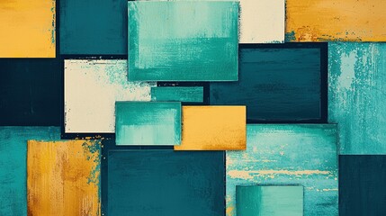 A vibrant abstract composition featuring overlapping squares in teal, yellow, and cream, creating a modern artistic feel.