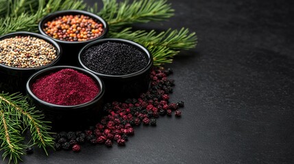   A set of four bowls containing various spices sits on a black surface alongside a pine branch
