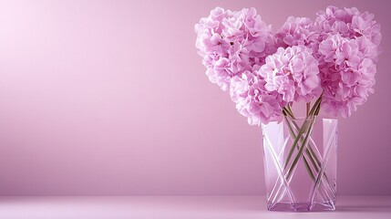   A pink vase filled with pink flowers on a pink table, adjacent to a pink wall and behind it