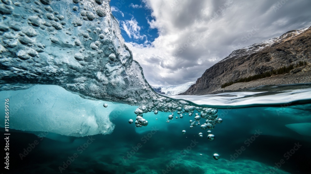 Poster Iceberg melting underwater, creating a mesmerizing scene with air bubbles rising to the surface in turquoise water, against a backdrop of dramatic clouds and mountains