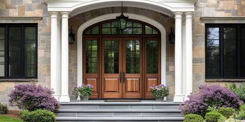 grand entrance, ornate double doors, arched doorway, stone facade, symmetrical design, potted purple flowers, manicured landscaping, residential architecture, elegant home exterior, warm lighting, wel