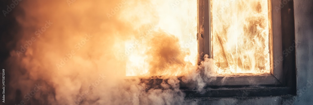 Poster smoke and flames billowing from a window of a burning building, creating a striking scene filled wit