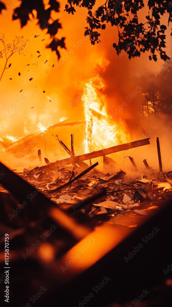 Poster intense flames engulfing a burning building, creating a scene of destruction and chaos as debris fal
