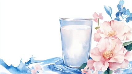 Don't Cry Over Spilled Milk Day Refreshing watercolor botanical design with glass of water amidst blossoming flowers for summer
