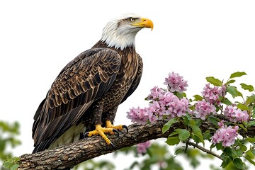 Fototapeta premium Majestic Bald Eagle Perched on Branch Amidst Blossoms