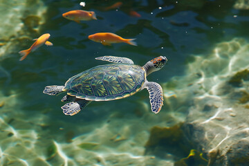 A green sea turtle gliding peacefully through crystal-clear waters, surrounded by fish