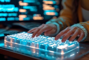 Fingers typing on a futuristic backlit keyboard during a late night coding session in a modern workspace