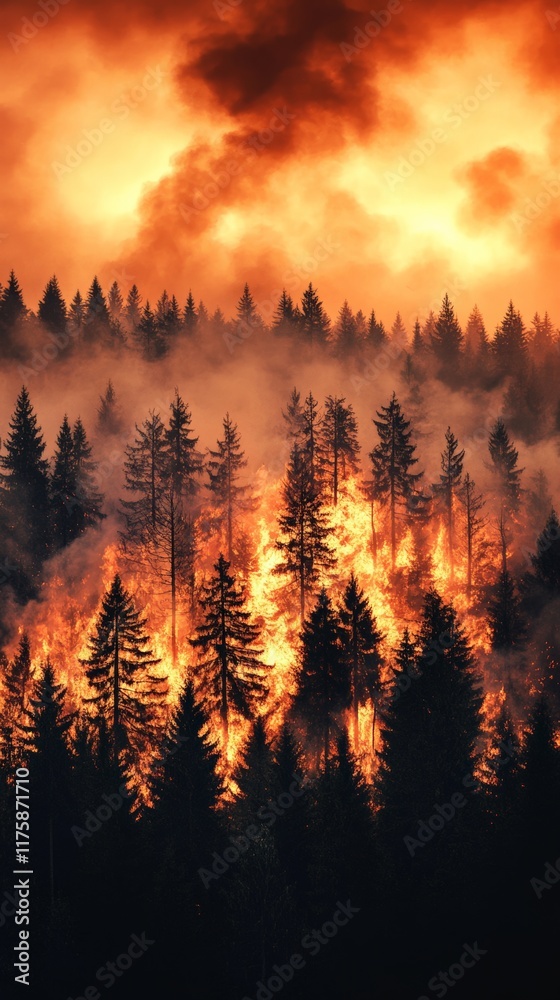 Poster intense wildfire rapidly spreading through a dense pine forest, engulfing trees in flames and produc