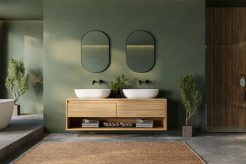 Open-plan bathroom with green walls, a freestanding bathtub, and a wooden vanity with dual sinks. Features a natural palette and ample natural light for a serene ambiance. 3D Rendering.