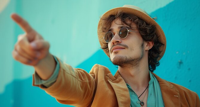 Stylish young man with curly hair, wearing sunglasses and a hat, pointing confidently against a vibrant blue wall backdrop.