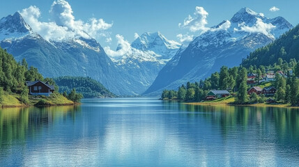 Fototapeta premium A breathtaking panoramic view from a stunning Norwegian lookout, showcasing majestic fjords, lush green valleys, and snow-capped mountains, embodying the serene beauty of nature's splendor