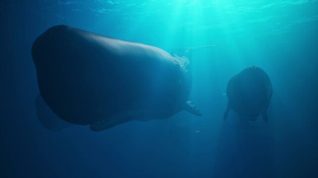 A group of sperm whales swim underwater