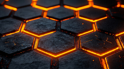 A futuristic abstract background featuring black blue and orange glowing hexagons in a 3D rendering with a blurred effect representing innovation energy and interconnected chaos in a dynamic digital r