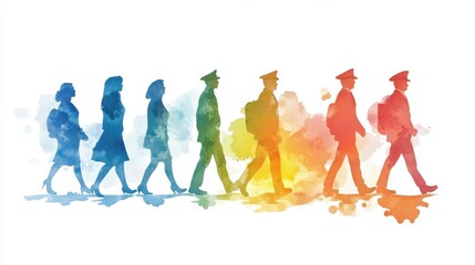 Obraz premium Colorful silhouettes of diverse professional people walking in watercolor style