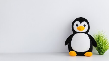 Fototapeta premium Plush penguin toy with orange beak and flippers, minimalistic design on a white background, cute and cuddly stuffed animal for children, toy photography with green plant decor