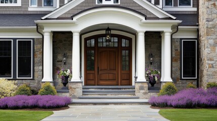 Fototapeta premium grand entrance, ornate double doors, arched doorway, stone facade, symmetrical design, potted purple flowers, manicured landscaping, residential architecture, elegant home exterior, warm lighting, wel