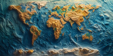 Naklejka premium Detailed 3D relief map of the world, showcasing continents, oceans, and geographical features in vibrant colors and textures.