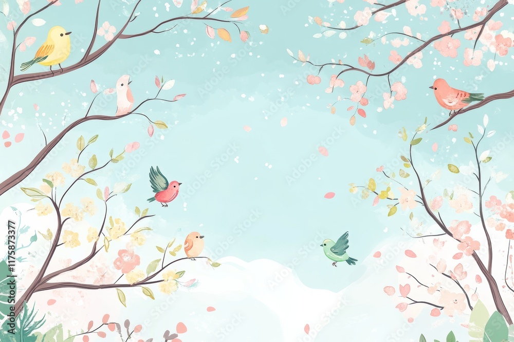 Poster doodle of colorful birds amidst blossoming branches on a serene background during a spring morning. 