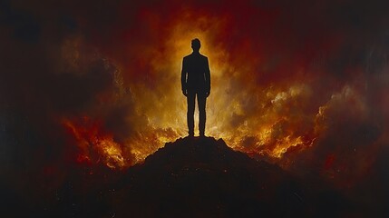 Fototapeta premium Silhouette of a man standing on a hilltop amidst fiery, apocalyptic clouds.