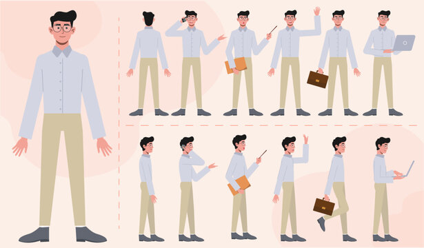 A set of different types and expression of characters. A young man with glasses from various angles. Views from the front, side, back, and frontal. Vector illustration in a flat style