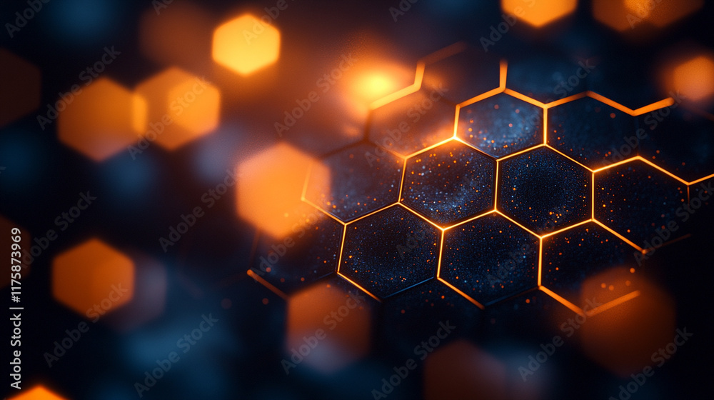 Poster a futuristic abstract background featuring black blue and orange glowing hexagons in a 3d rendering 