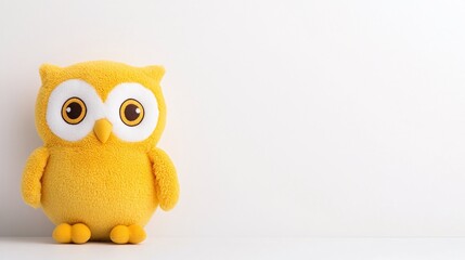 Yellow plush owl toy with wide eyes and orange feet, minimalistic design on a bright white background, soft and cuddly stuffed animal for children, playful toy photography


