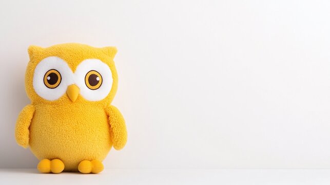 Yellow plush owl toy with wide eyes and orange feet, minimalistic design on a bright white background, soft and cuddly stuffed animal for children, playful toy photography

