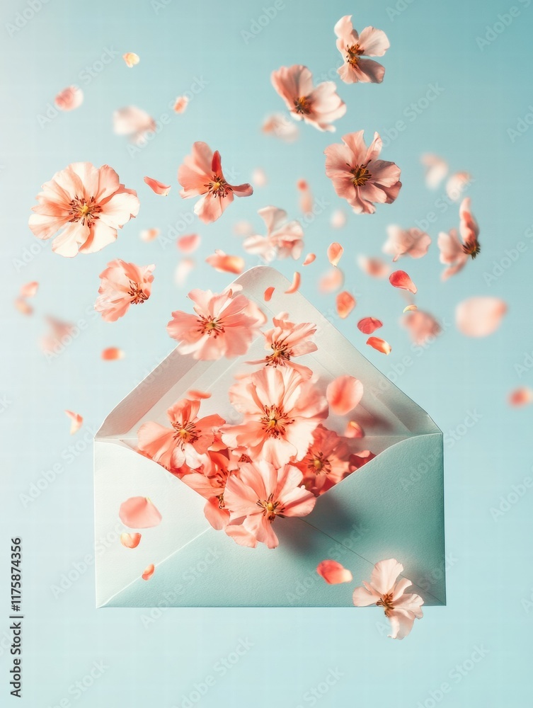 Poster Beautiful flowers scatter from an open envelope against a soft blue background, creating a whimsical atmosphere. Generative AI
