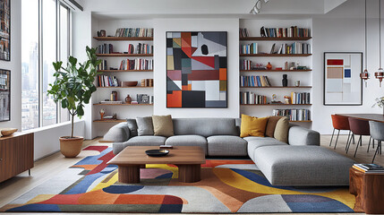 Modern living room with library