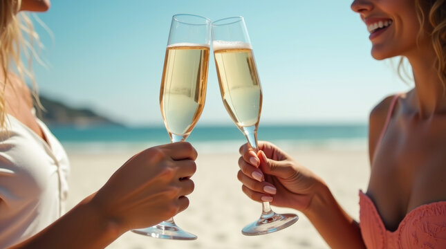 two hands clinking champagne glasses on the beach