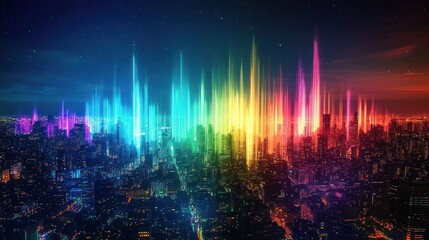 Vibrant Cityscape with Colorful Light Beams at Night, Showcasing a Stunning Urban Skyline Illuminated by Neon Hues and a Starry Sky in the Background