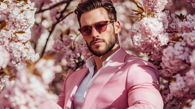 A handsome Caucasian man in a stylish pink suit poses confidently among blooming cherry blossoms, wearing trendy sunglasses and radiating charm