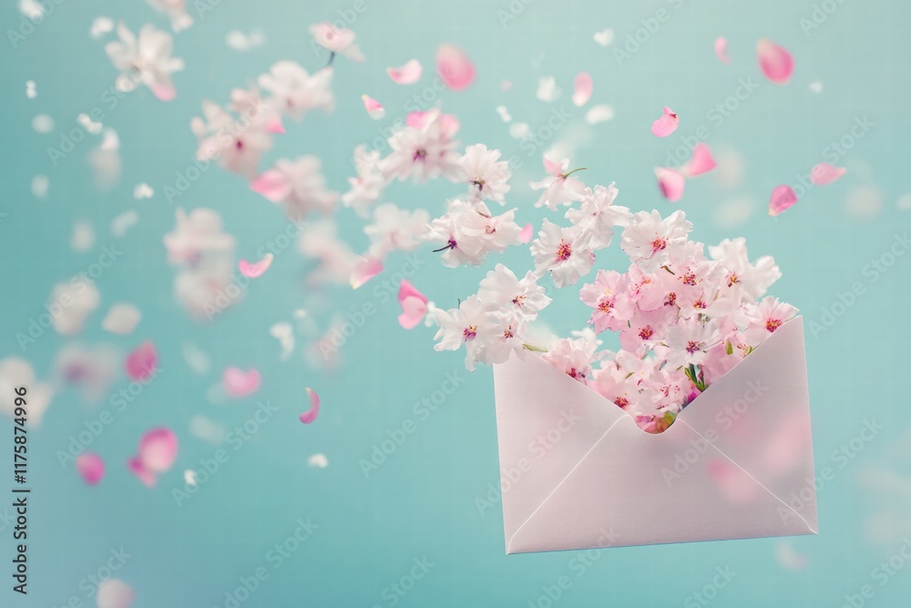 Aufkleber Blossoming flowers burst from an envelope creating a vibrant display of colors against a blue background. Generative AI
