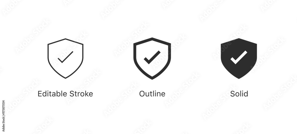 Poster Shield check mark icon or security shield protection icon with tick symbol	. EDITABLE STROKE ICON. outline and filled web icons vector sign