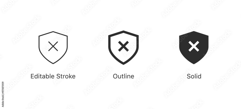Poster shield protection error icon or Shield check mark icon or security with cross symbol. EDITABLE STROKE ICON. outline and filled web icons vector sign