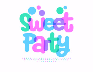 Vector cute emblem Sweet Party. Joyful Funny Font. Teenage Colorful Alphabet Letters and Numbers set.